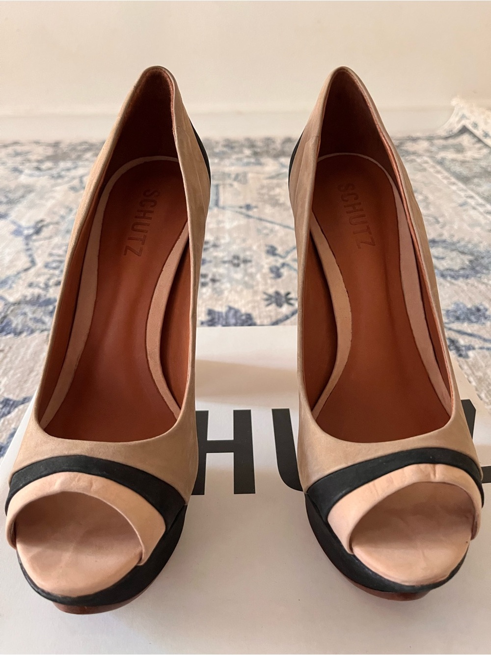SCHUTZ Beige and Black Suede Colorblock Peep-Toe Heels